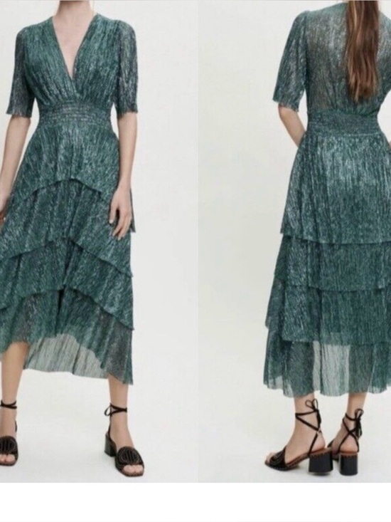 Maje Dresses & Skirts - Maje Ruffine Stretch Lurex Metallic Green Ruffle Midi Dress Size 42